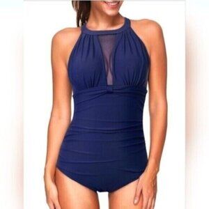 Kisslace Mesh Inset Ruched Halter One Piece Swimsuit Navy Size Large